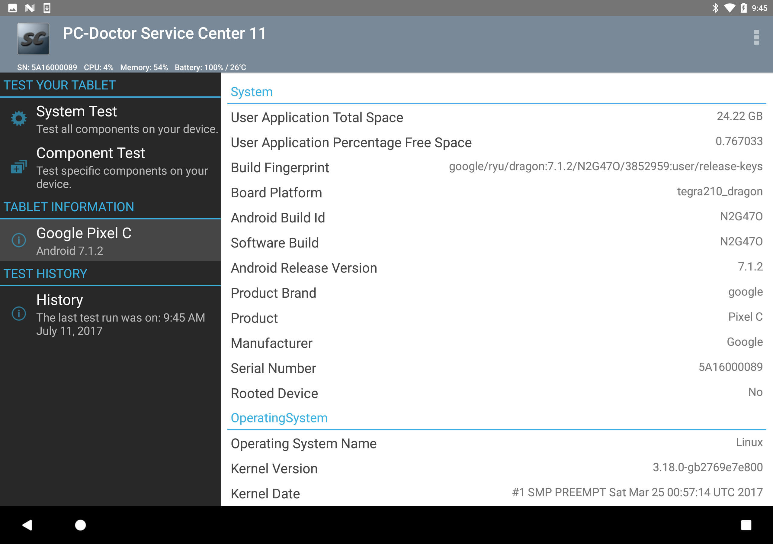 Service Center Android Tablet System Information