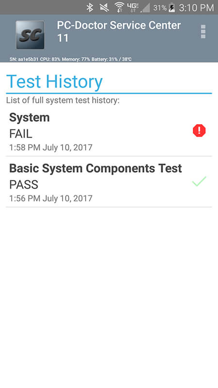 Service Center Android Test History