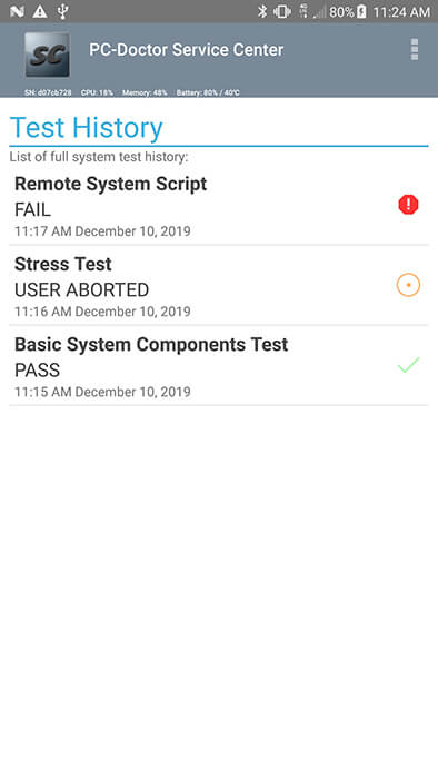 Service Center Android Test History